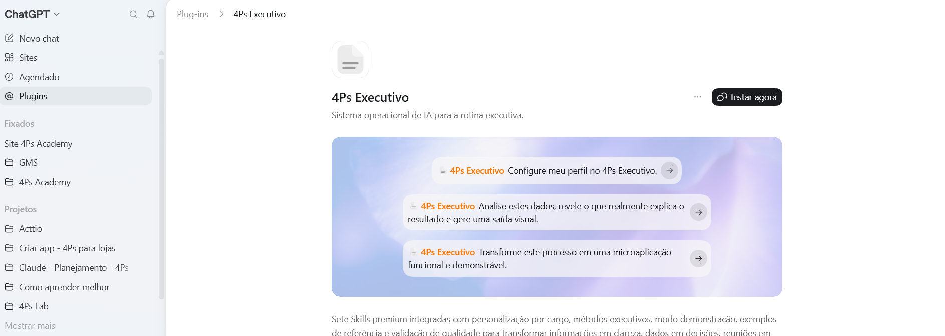 Tela do 4Ps Executivo dentro do ChatGPT
