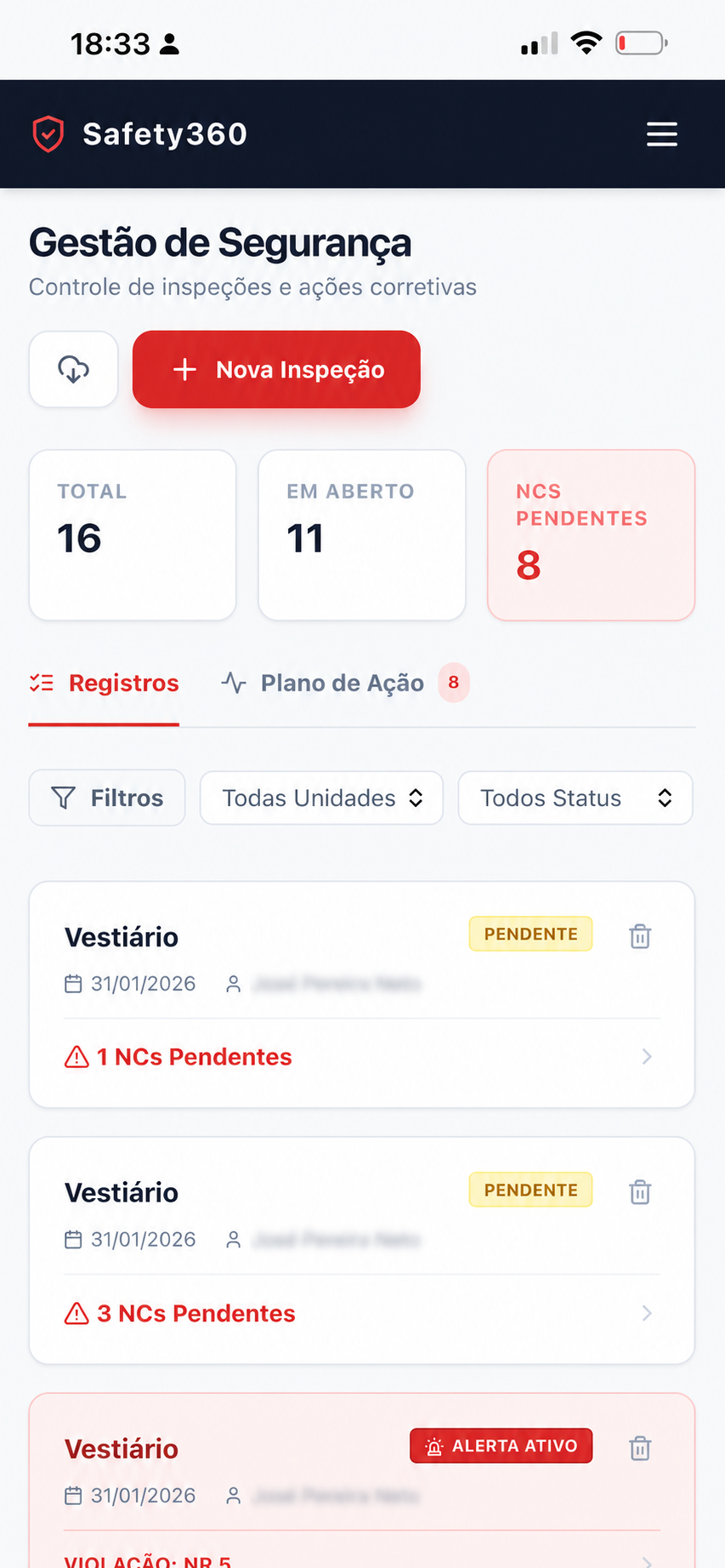 Tela do sistema Safety360 para gestão de segurança